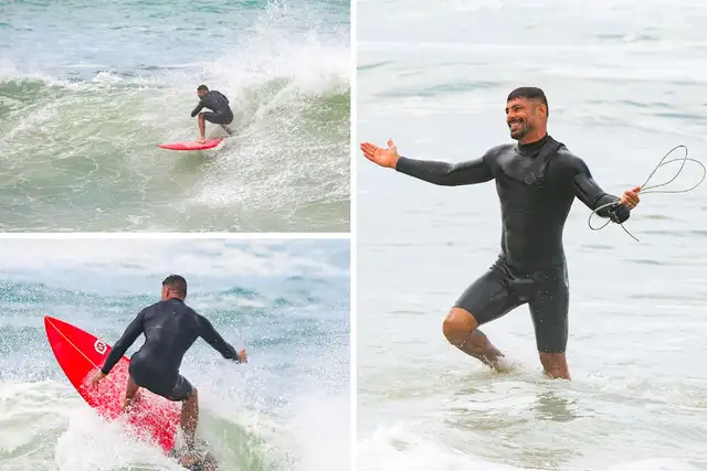 Cauã Reymond esbanja sorriso em dia de surfe